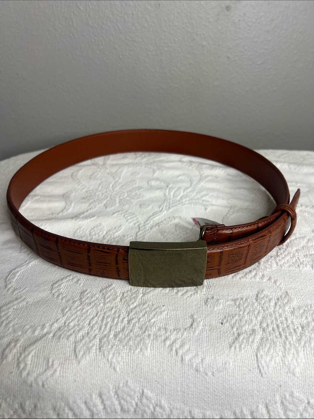 Men's Brown Croc-Embossed Leather Belt with Brass Buckle Size 34